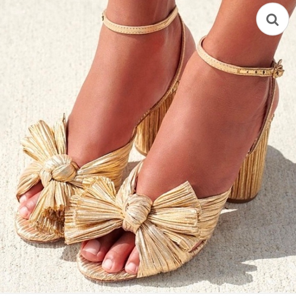 Loeffler Randall Camellia Knot Mule with Ankle Strap Bow Heeled Sandals in Gold